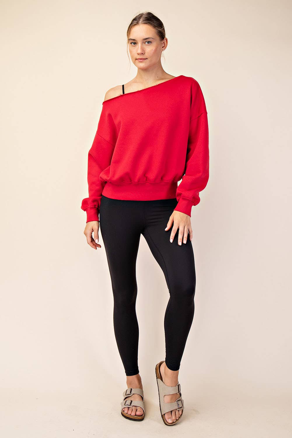 FRENCH TERRY FLEECE OFF SHOULDER SWEATSHIRT: Eucalyptus / S-M-L(2-2-2)