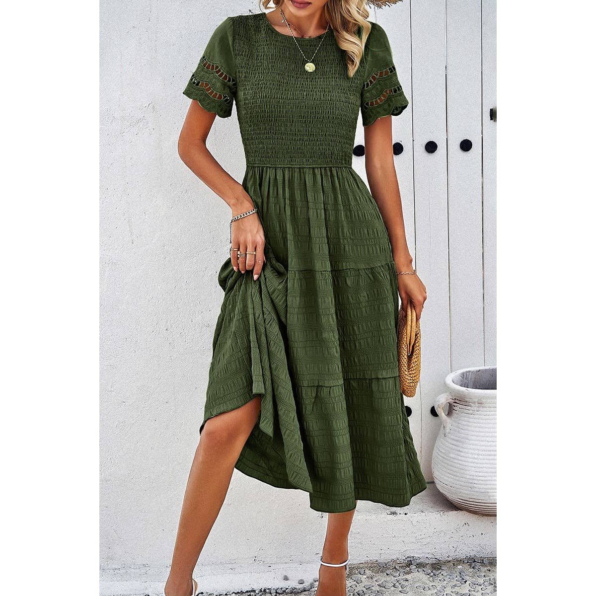 Lace Round Neck Ruched Fit Ruffle Solid Dress: WHITE / XL