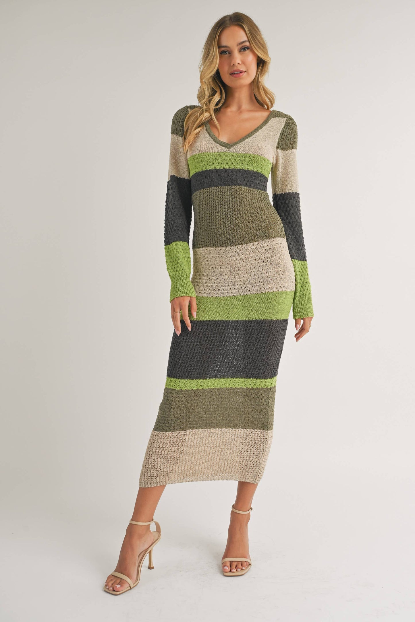 ID7261 - LONG SLEEVE COLORBLOCK SWEATER BODYCON MIDI DRESS: BROWN MULTI / M