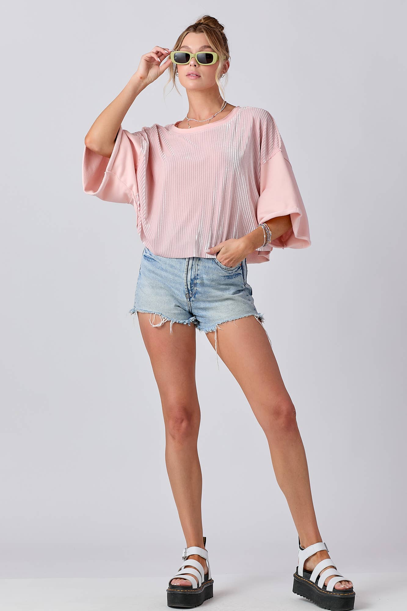 Mixed Fabric Round Neck Knit Top: PINK / S