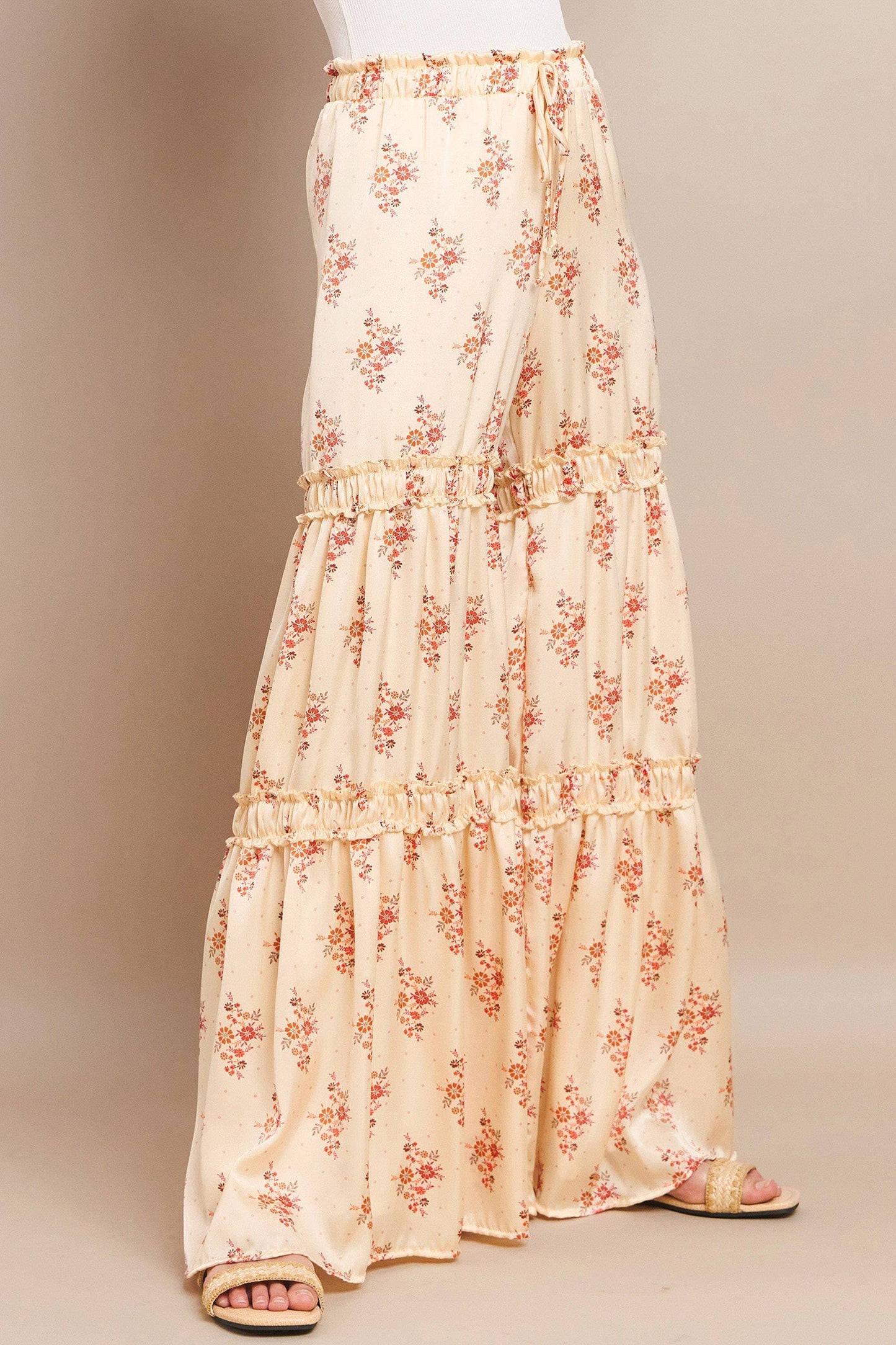 SATEEN FLORAL PRINT TIERED PALAZZO PANTS W2373PB BEIGE : Beige / L