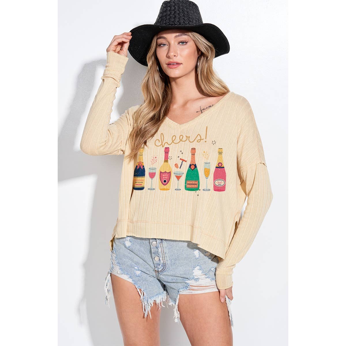 Holiday champagne bottle v neck long sleeve top: Butter / M