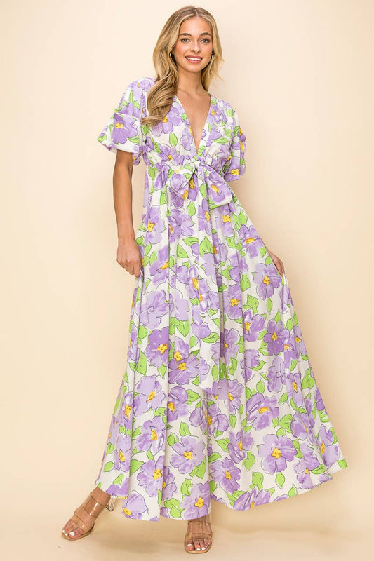 Printed V Neck Maxi Dress - Short Sleeve: PURPLE/LAVENDER