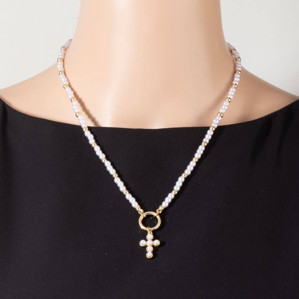 Cross Pendant Pearl And Metallic Beaded Necklace: GDCRM