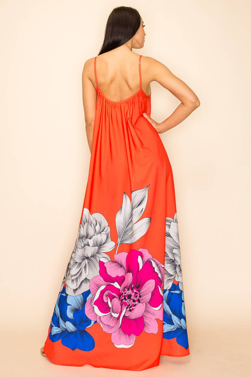 PRINTED MAXI SUN DRESS WITH POCKETS: Orange