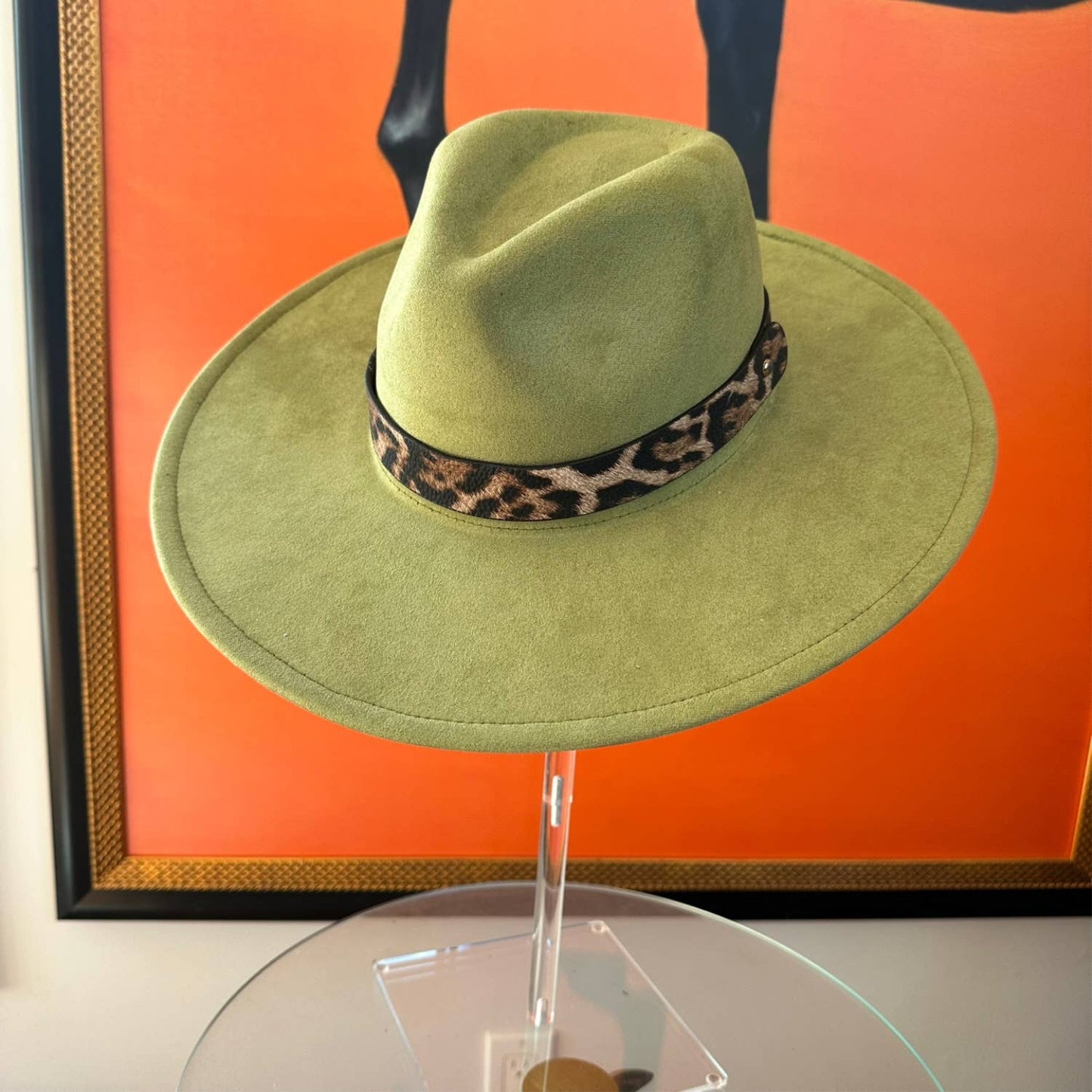 Wide Brim Suede Hat W/ Leopard printed belt: TEAL / ONE SIZE