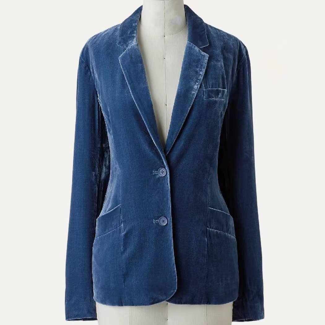 Classic Solid Velvet Collared Neck Long Sleeve Button Blazer: Red / S