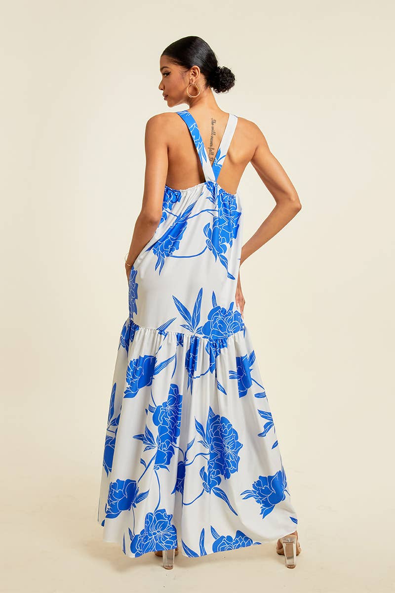 FLORAL PRINTED MAXI DRESS WITH POCKETS: Blue