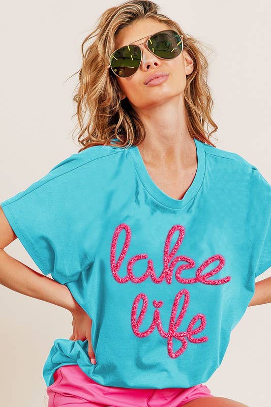 Metallic Letter Short Dolman Sleeve Top: TURQUOISE / 2-2-2-2 (S-M-L-XL)