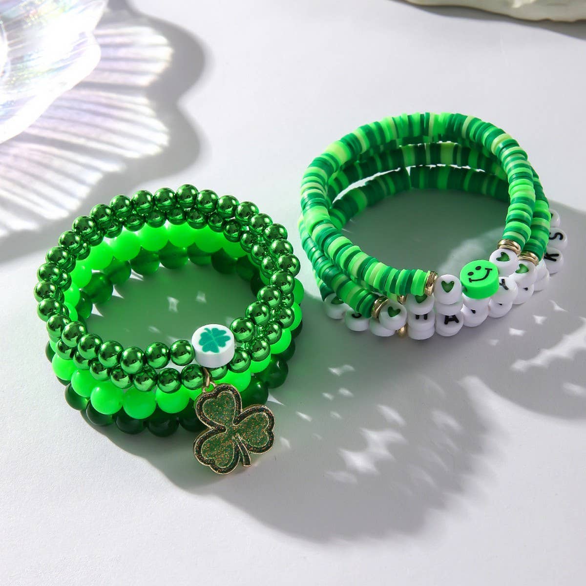 ST PATRICKS DAY BEADED LUCKY BRACELET SET_CWMM3503: Green / OS