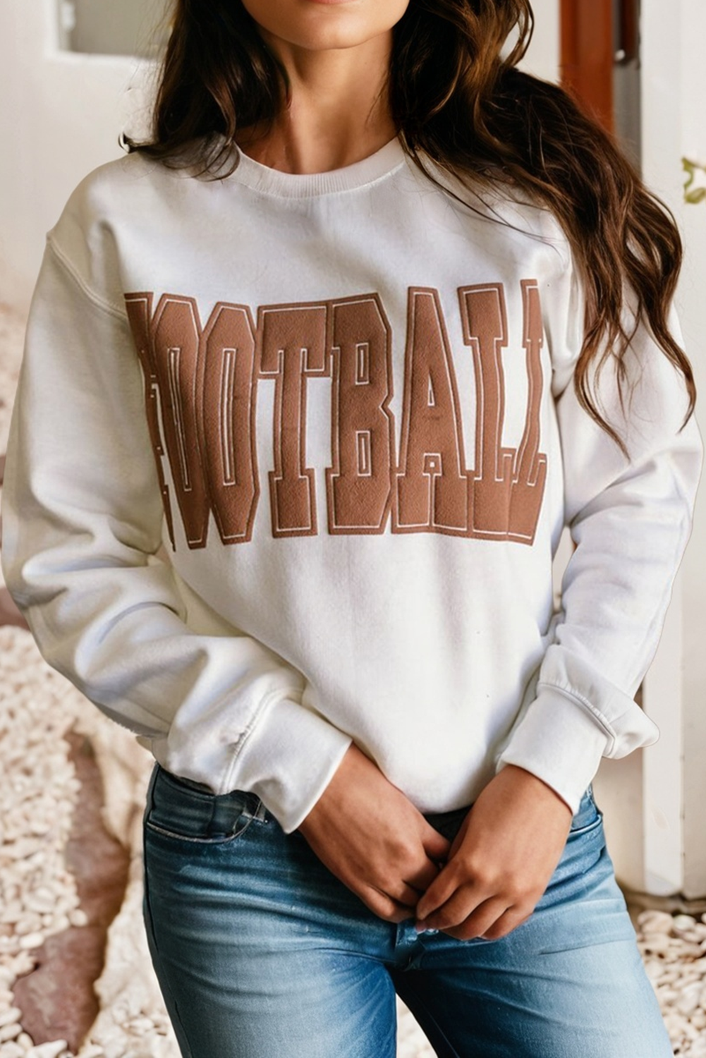 LDC FOOTBALL 3D Letter Graphic Crew Neck Sweatshirt: White / M