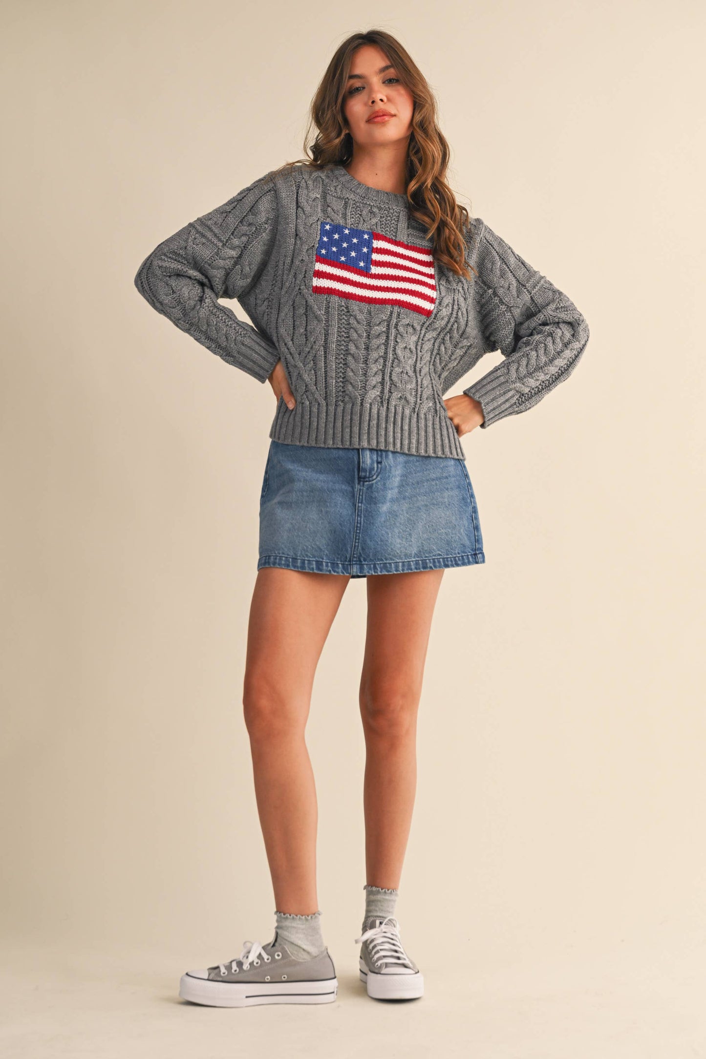 IT4473 USA FLAG CABLE KNIT SWEATER: CREAM / L