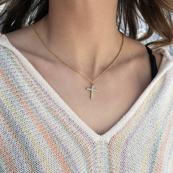 18K Gold PVD Stainless Steel Pearl Beaded Cross Charm: Stainless / 15mm