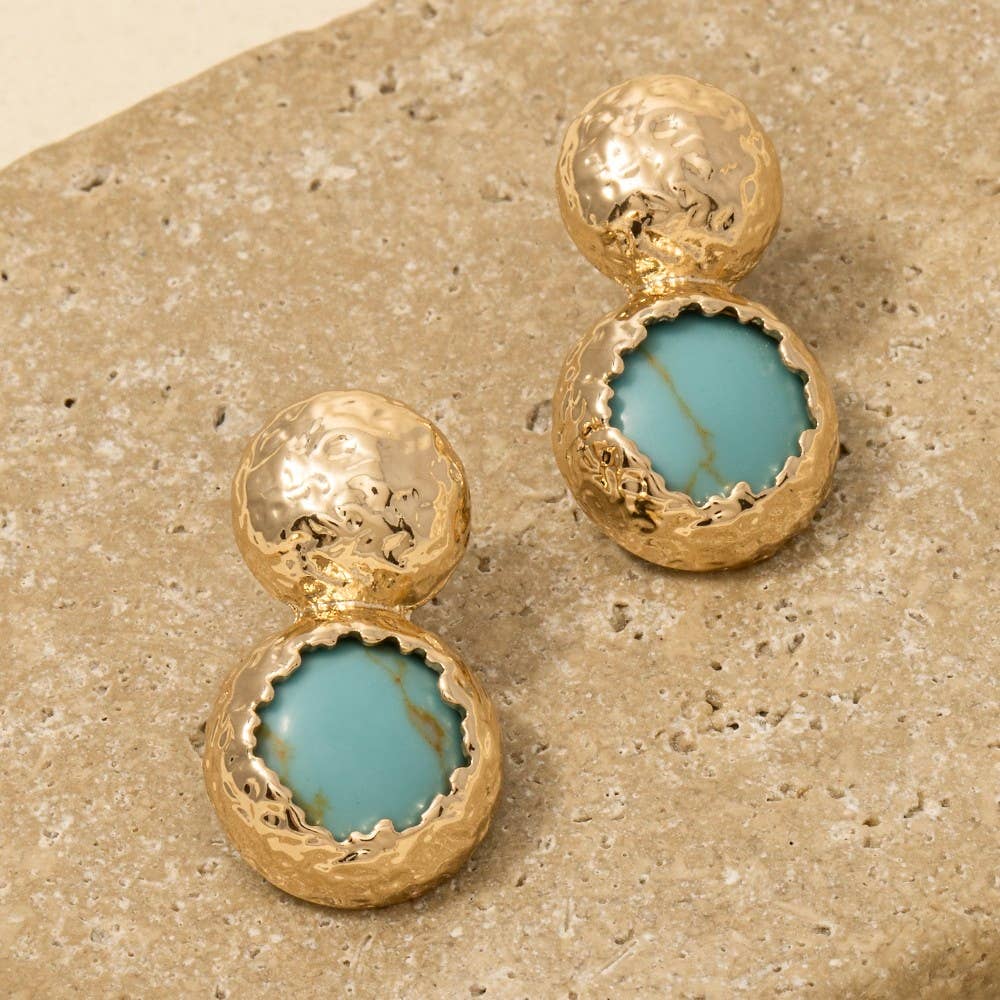 Hammered Dome And Stone Stud Dangle Earrings: TQGD