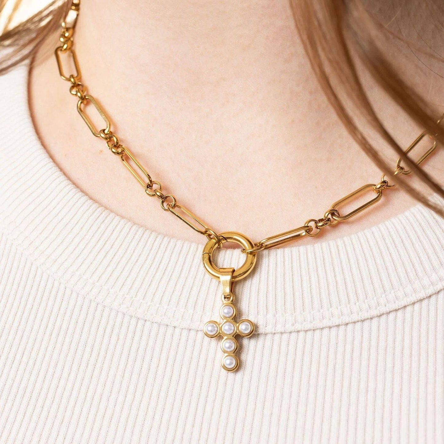 18K Gold PVD Stainless Steel Pearl Cross Charm: Gold