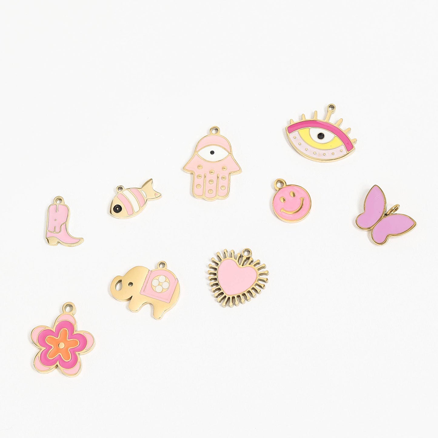 Stainless Steel Epoxy Pink Flower Charm: Gold