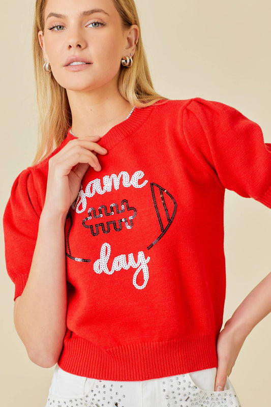 Game Day Puff Sleeve Sweater Top: Red / S