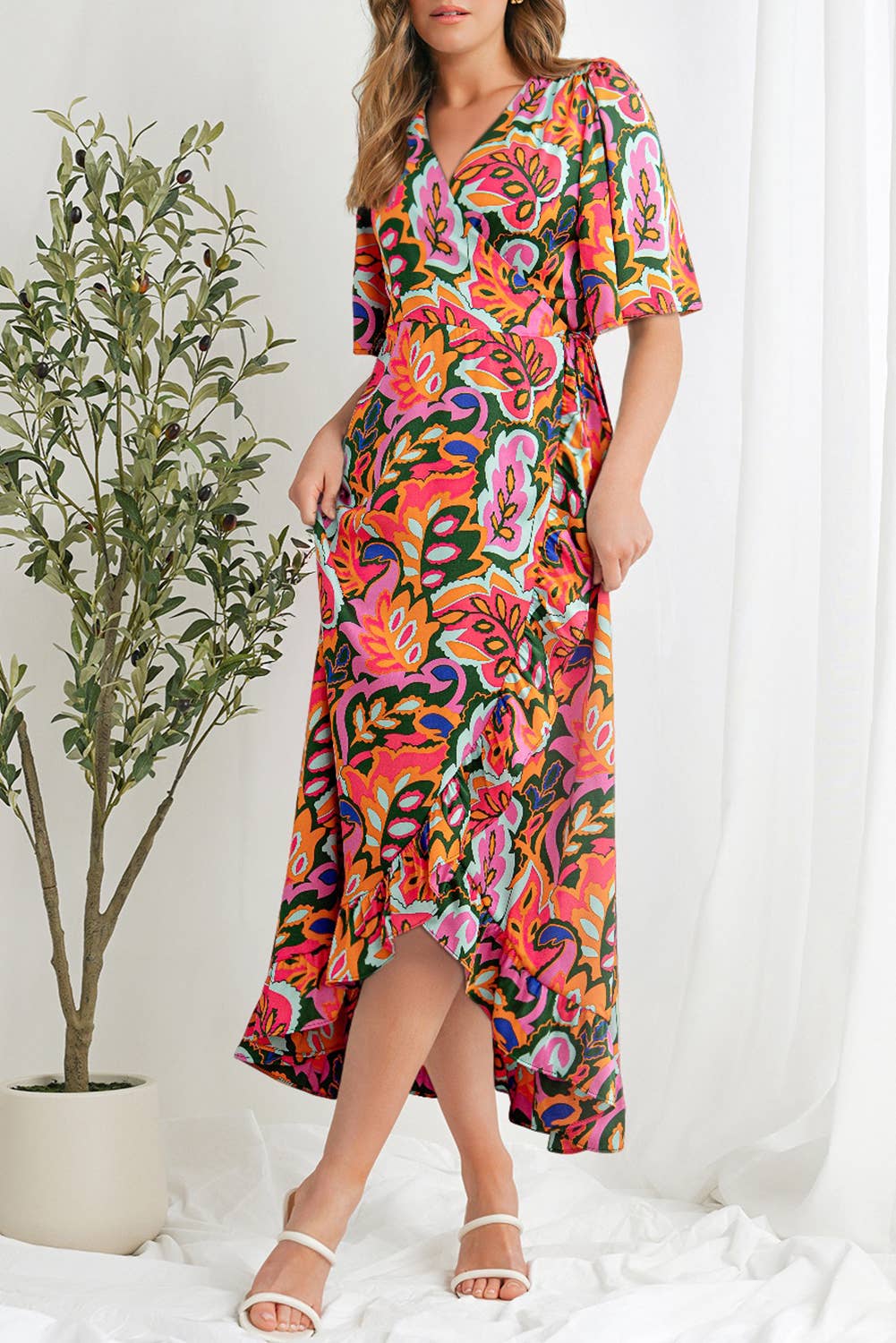 Tropical Print V Neck Asymmetric Slit Maxi Dress | S-XL: As shown / Missy / L