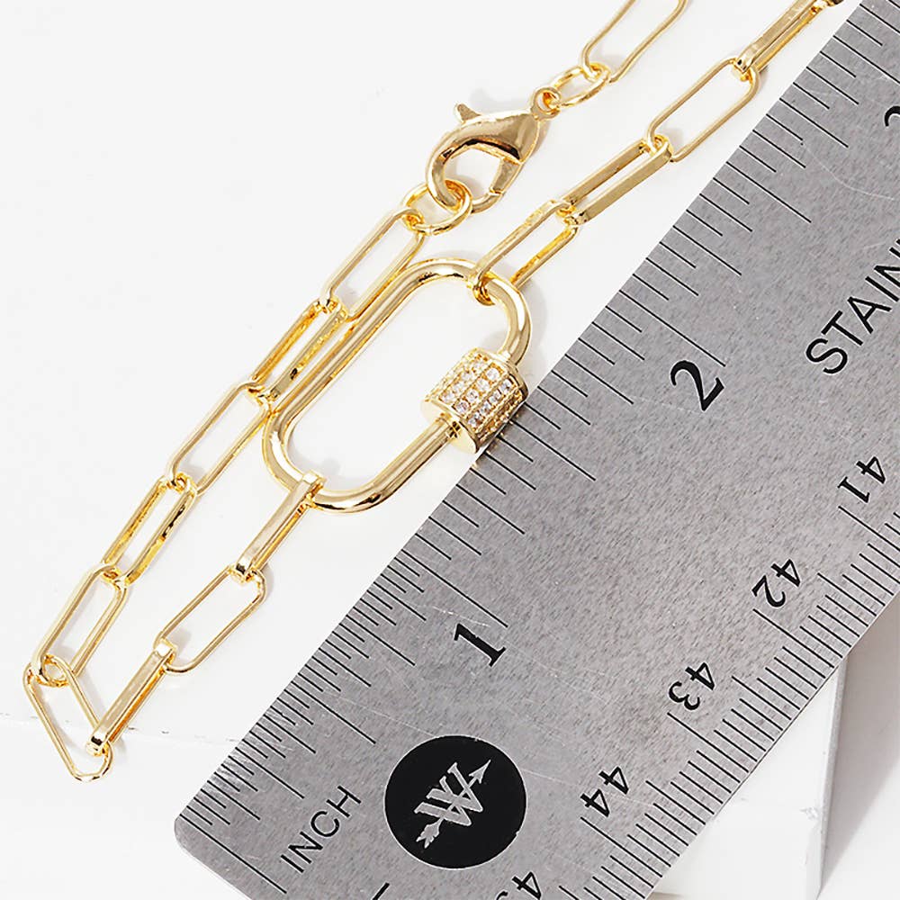 Gold Dipped CZ Carabiner Pointed Paperclip Chain Bracelet: Silver