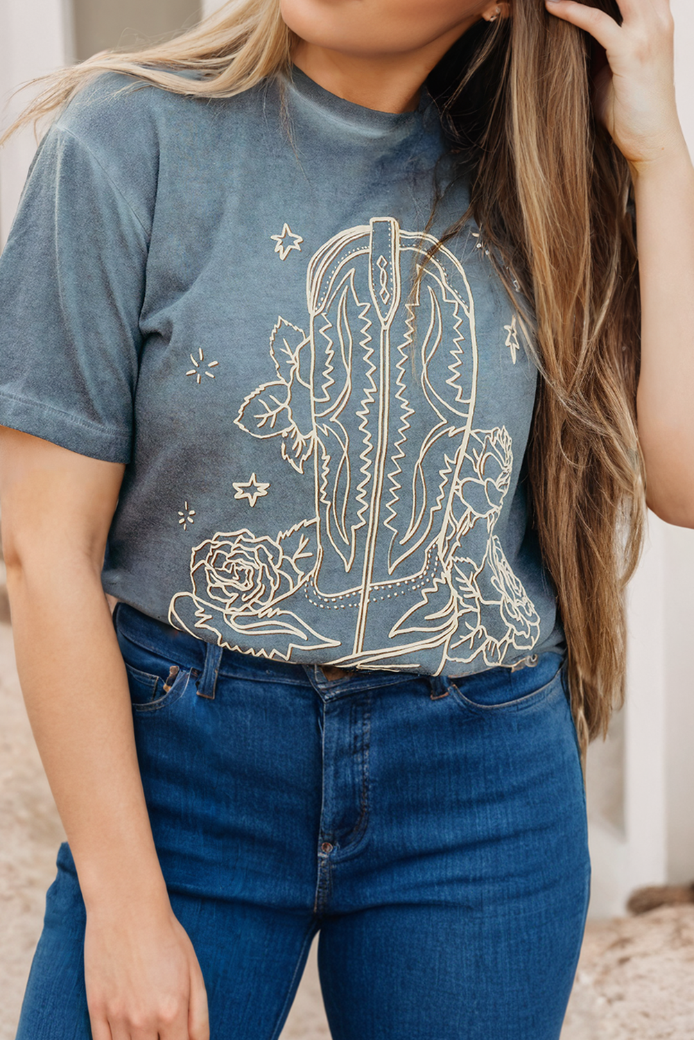 LDC Western Cowboy Boots Flower Graphic Tee: As Shown / L