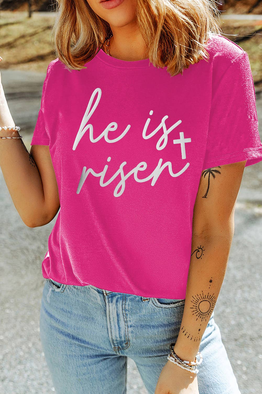 LDC Glitter he is risen Cross Printed Crewneck Tee: Rose Red / M