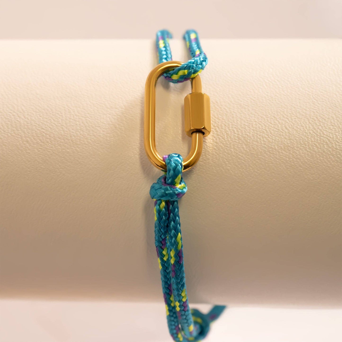 18K Gold PVD Stainless Steel Teal Rope Carabiner Bracelet: Gold