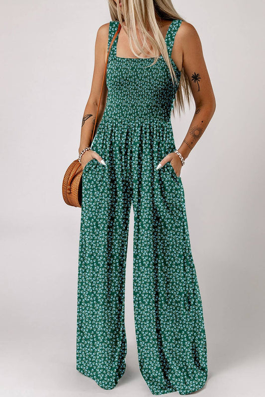 Floral Print Smocked High Waist Fashion Jumpsuit | S-XL: Green / Missy / L