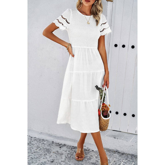 Lace Round Neck Ruched Fit Ruffle Solid Dress: WHITE / L