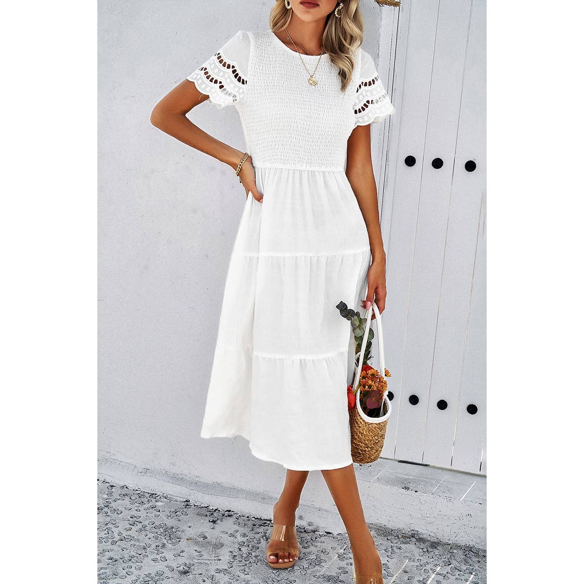 Lace Round Neck Ruched Fit Ruffle Solid Dress: WHITE / M