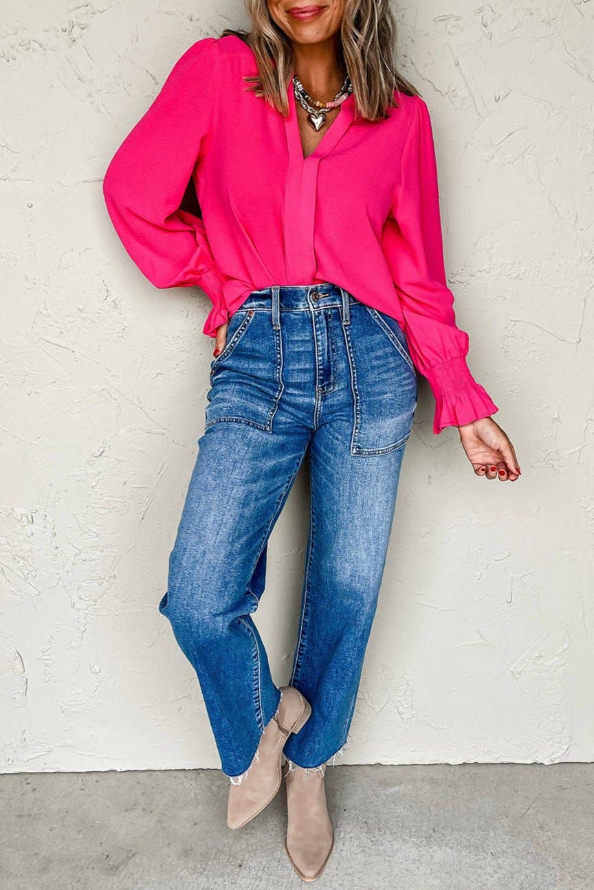 Solid Shirred Long Sleeve Blouse: Rose Red / L
