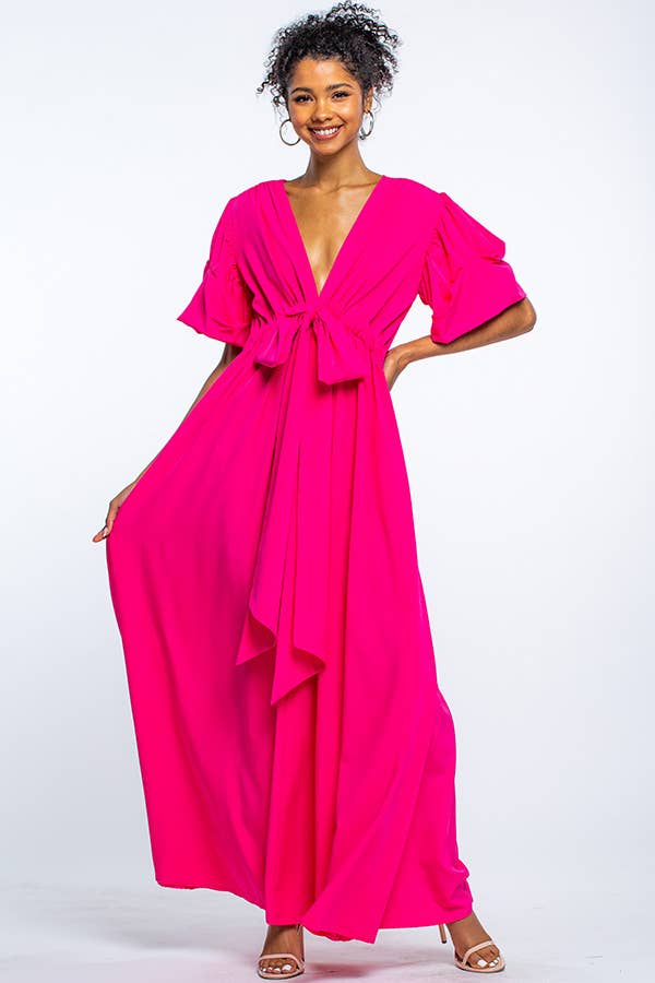 V NECK MAXI DRESS WITH PUFF SLEEVES: Green