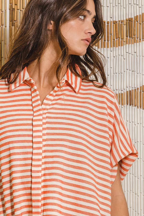 T1702-1C  Short Dolman Sleeve Oversized Stripe Shirt Top: Coral / S-M-L (2-2-2)