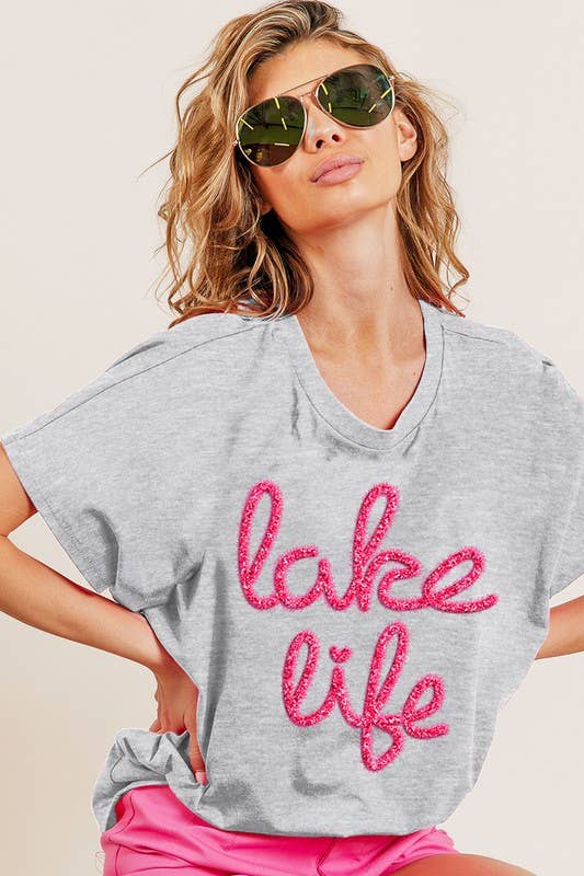Metallic Letter Short Dolman Sleeve Top: TURQUOISE / 2-2-2-2 (S-M-L-XL)