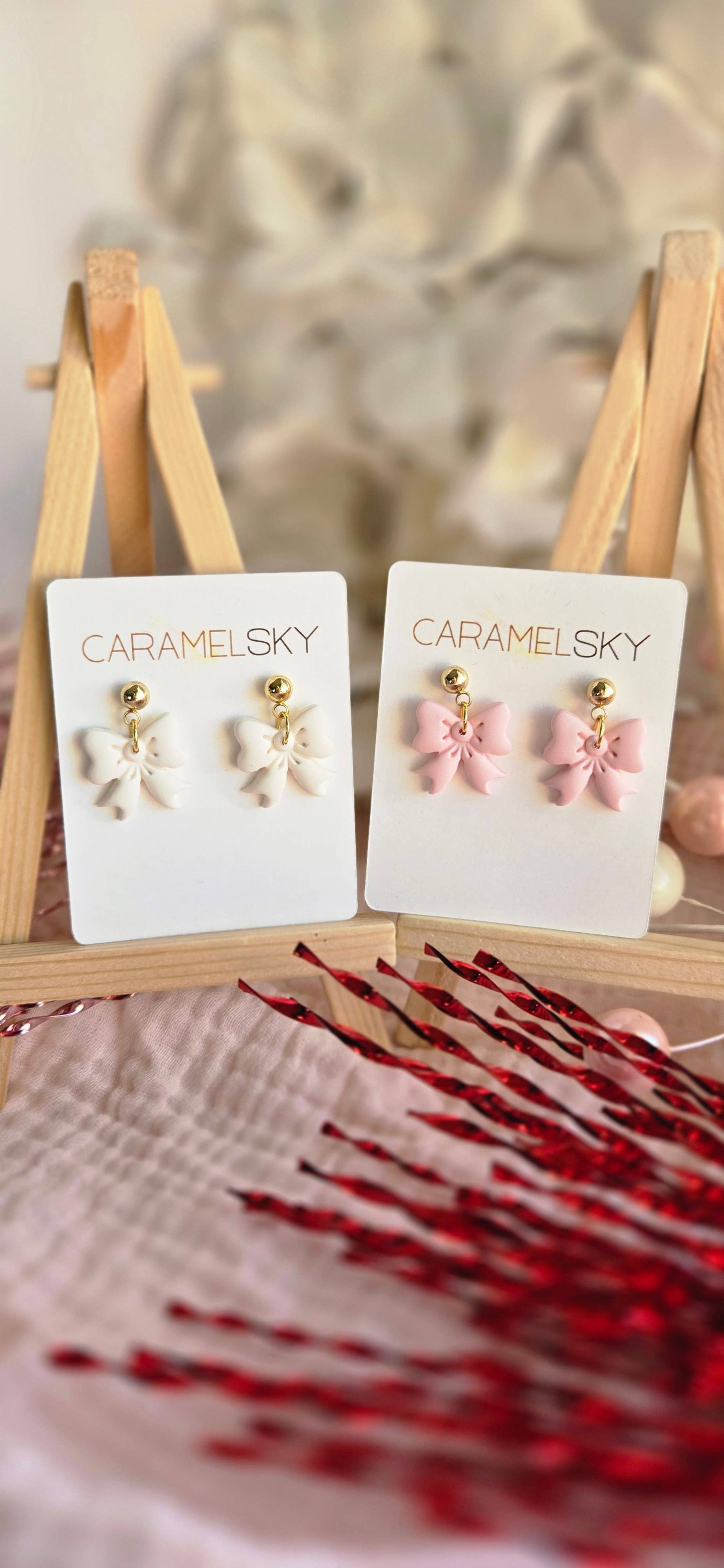 Bow Earrings, Valentine's Day Bow Earrings, Clay Earrings: Pink