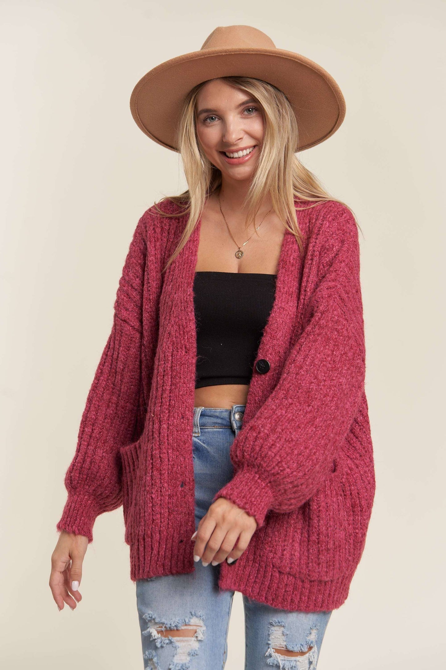 LESW3441A -  BUTTON DOWN COZY SWEATER CARDIGAN: HOT PINK / M/L