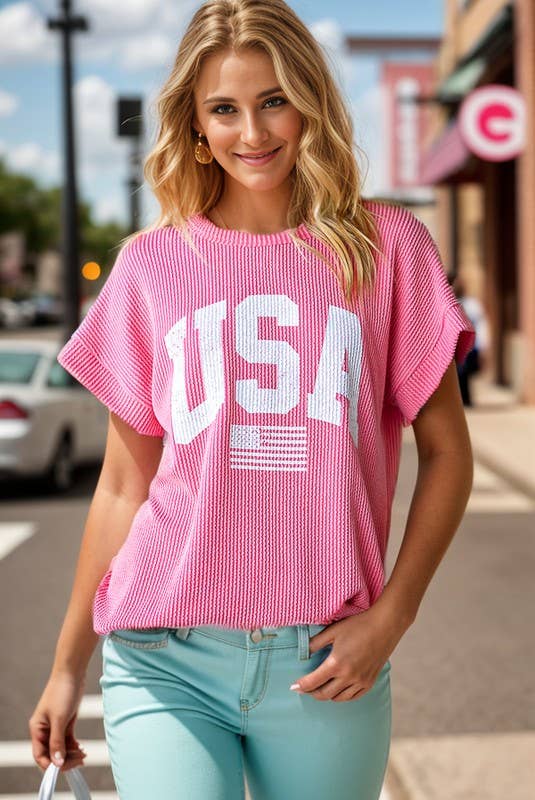 ET7523-11 SOLID RIBBED USA LETTERING TOP: CORAL / 2-2-2 (S-M-L)