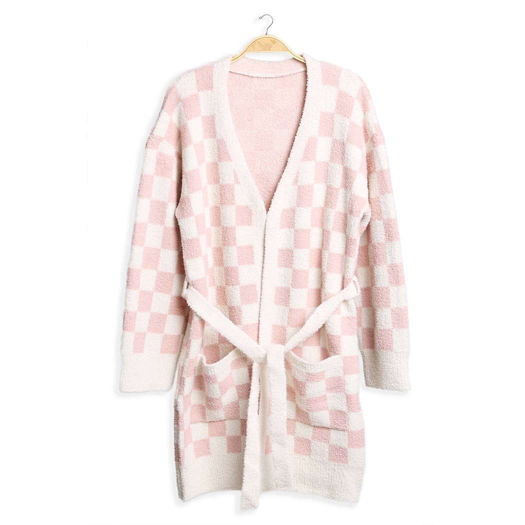 Cozy Checkered Robe with Pocket & Belt : BEIGE / ONE SIZE