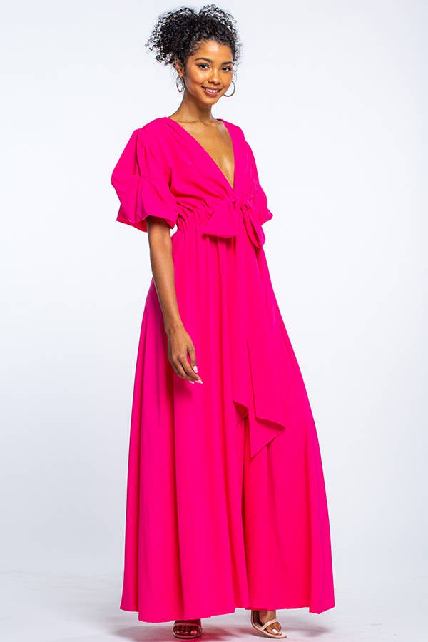 V NECK MAXI DRESS WITH PUFF SLEEVES: Green