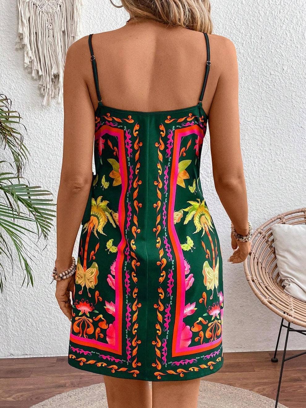Print sleeveless lace-up mini dress: Green / XL