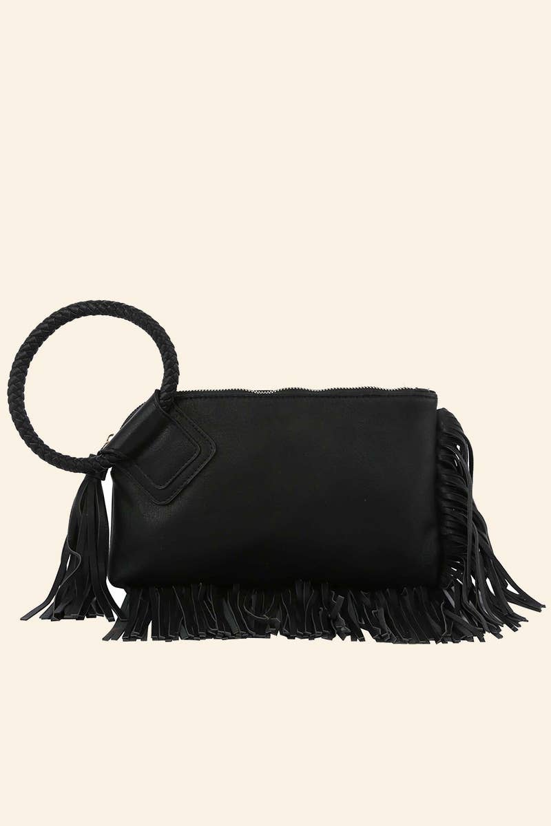 Fringe Cuff Clutch Tassel Wristlet Clutch Bag: BK