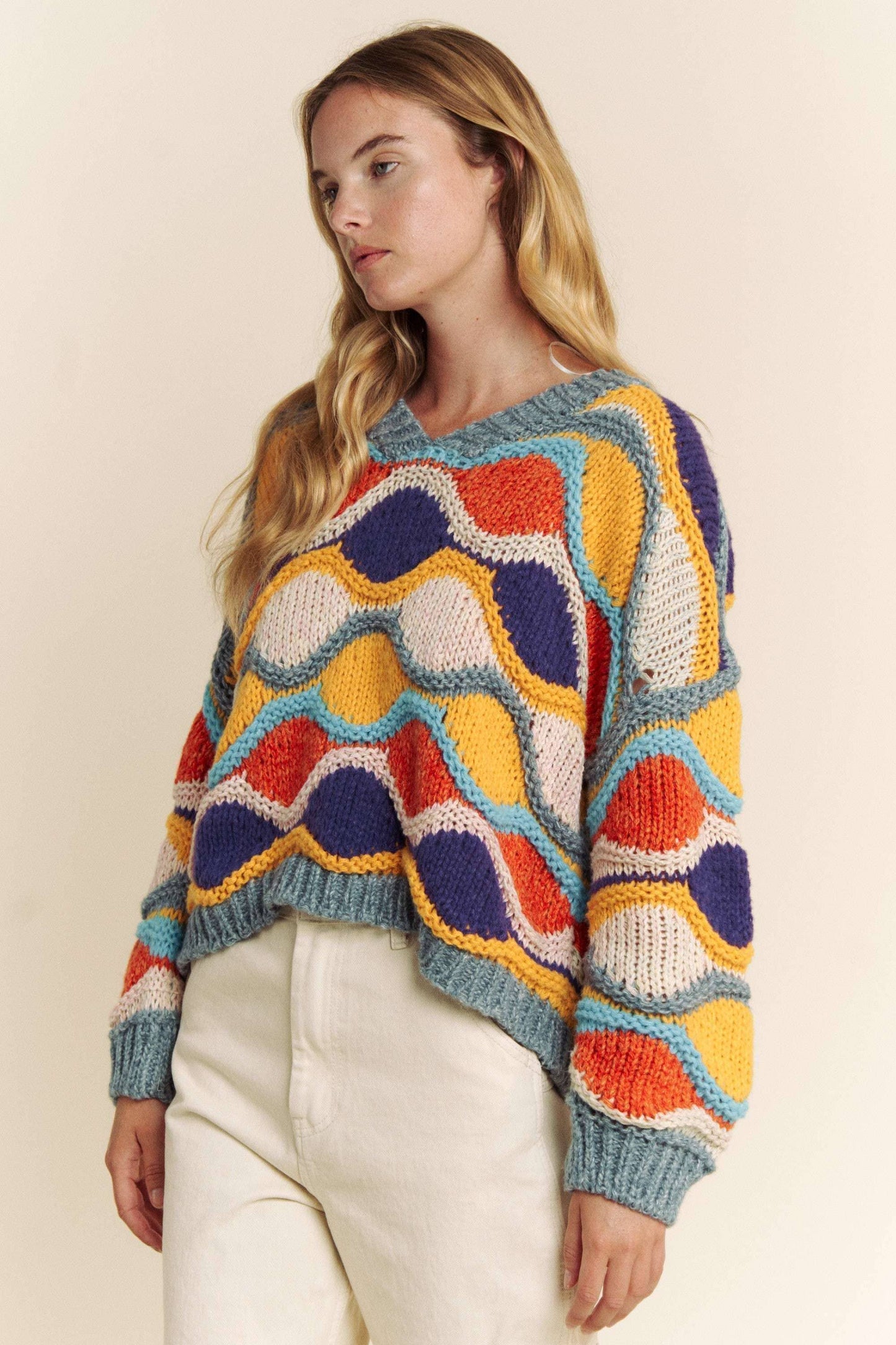 V NECK LONG SLEEVE MULTI COLOR SWEATER TOP: MULTI / M