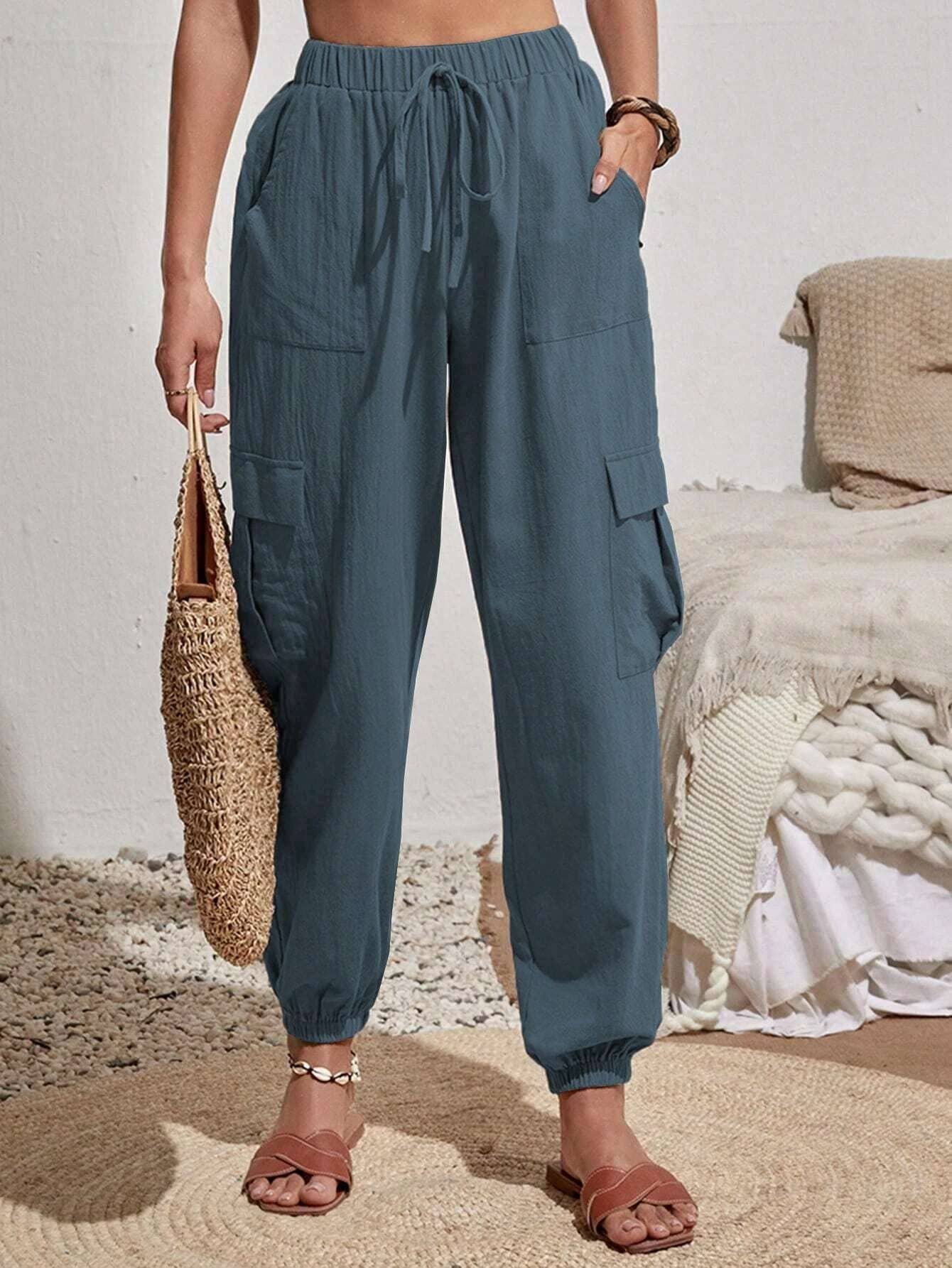 Wash Water Crepe Pocket Casual Cargo Pants: Green / XL