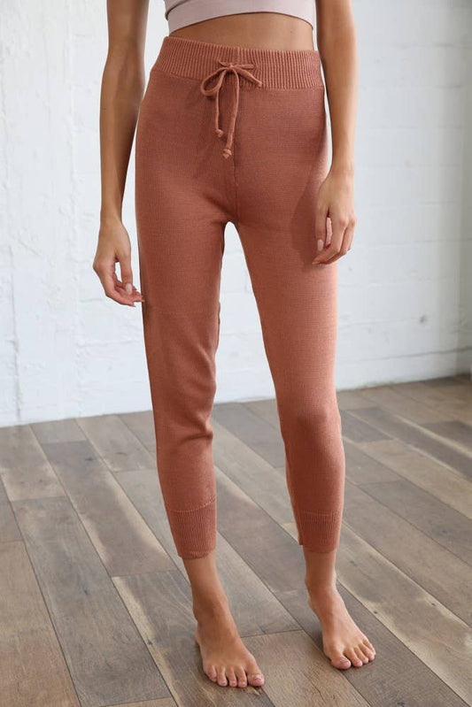 L4466 | Knit Sweater Front Tie Band Joggers: Camel / L