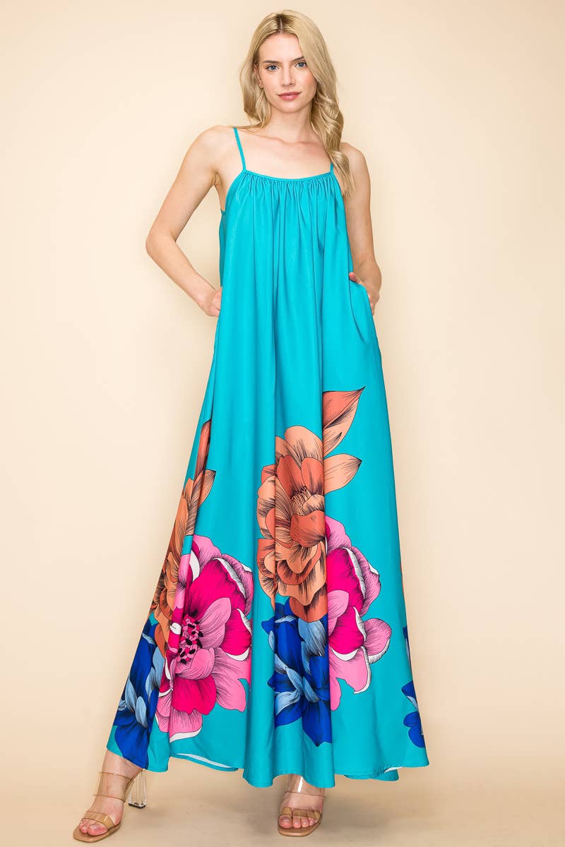 PRINTED MAXI SUN DRESS WITH POCKETS: Orange
