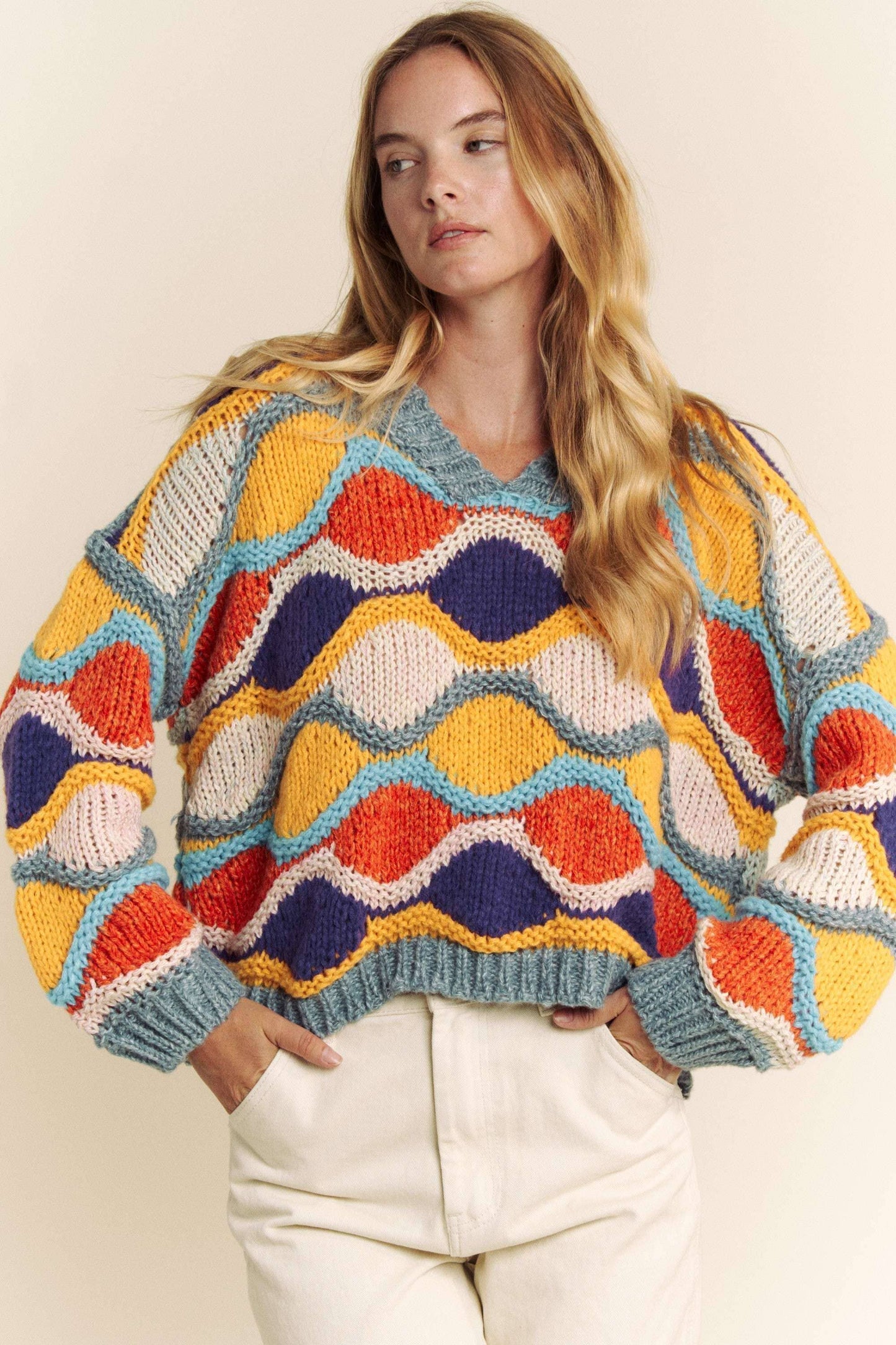 V NECK LONG SLEEVE MULTI COLOR SWEATER TOP: MULTI / L