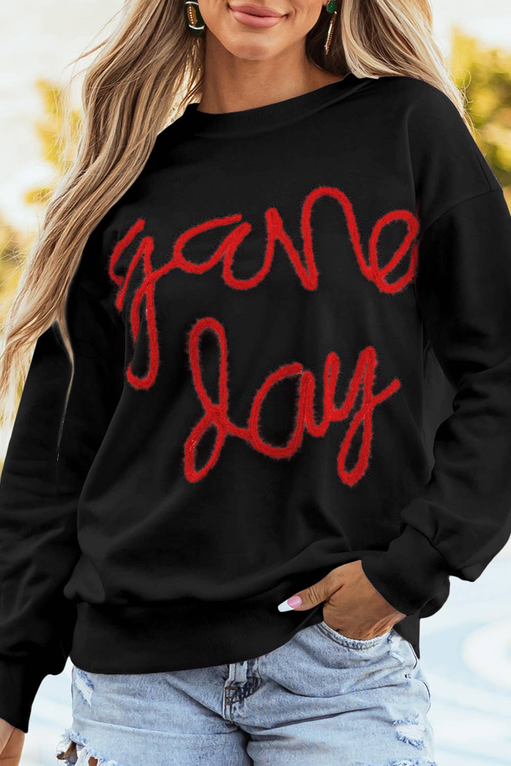 LDC Fall Clothing Game Day Drop Shoulder Graphic Sweatshirt: Black / L
