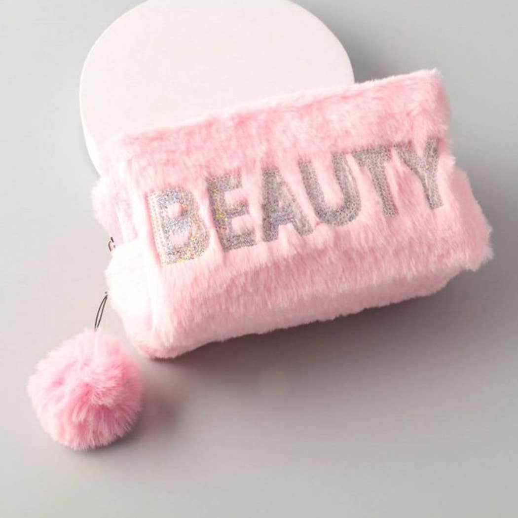 Beauty Letter Decorated Furry Cosmetic Bag: Pink / ONE SIZE