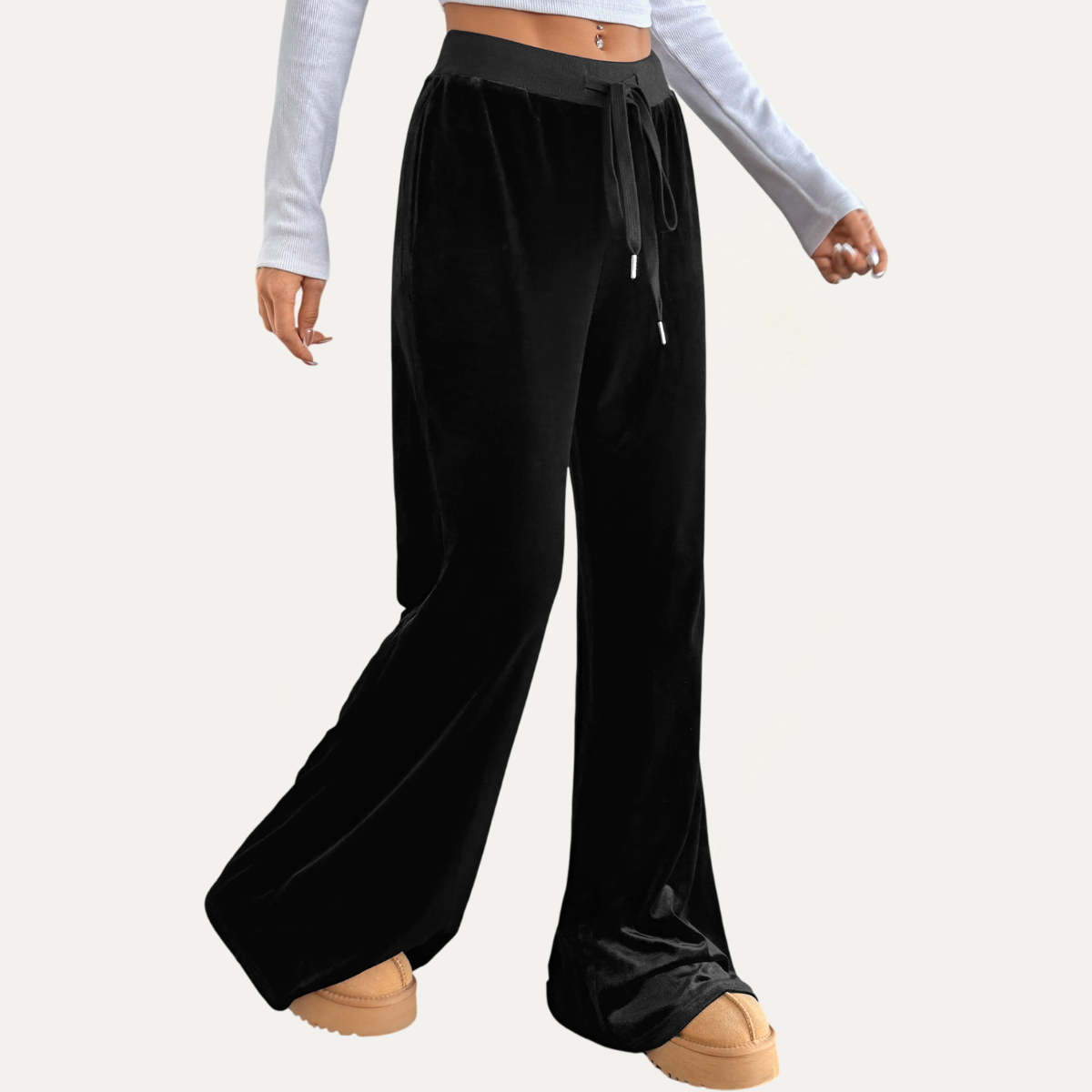 Comfortable Black Velvet High-Waisted Wide-Leg Pants : Black / XL