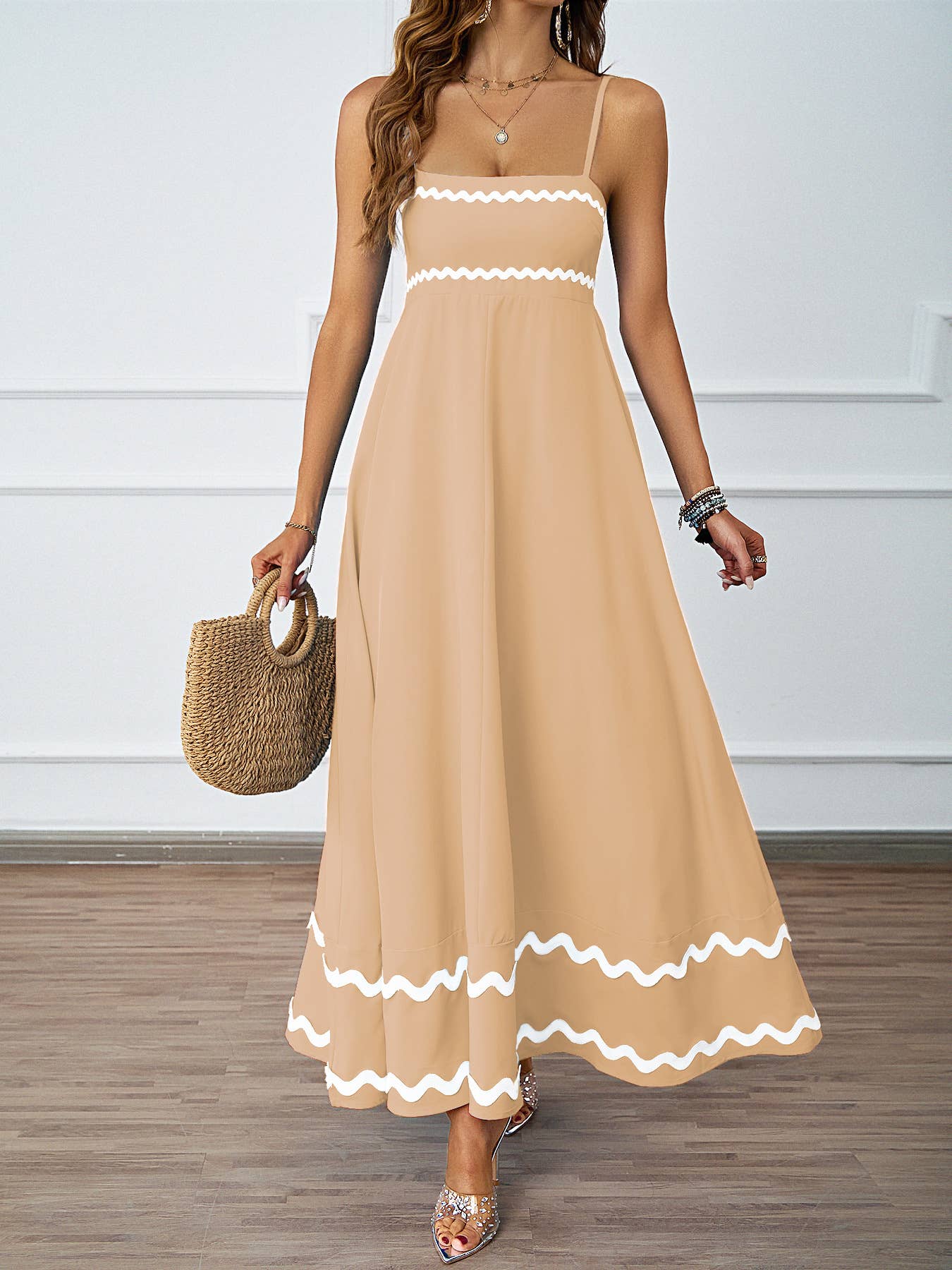 Summer Lace Patchwork Strap Bandeau Swing Maxi Dress: Blue / S