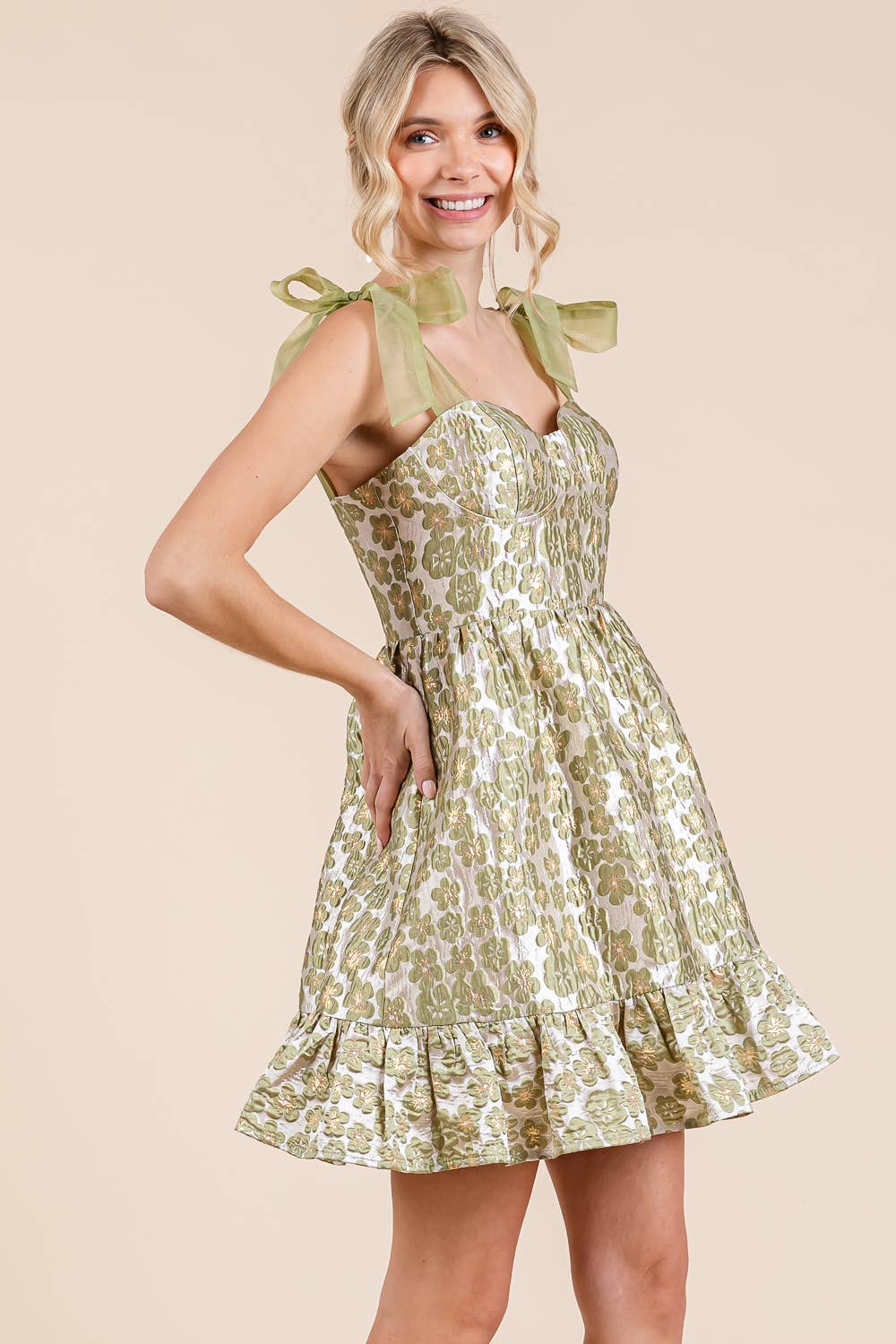 Floral Jacquard Tiered Mini Sundress, MD51647: Sage / L